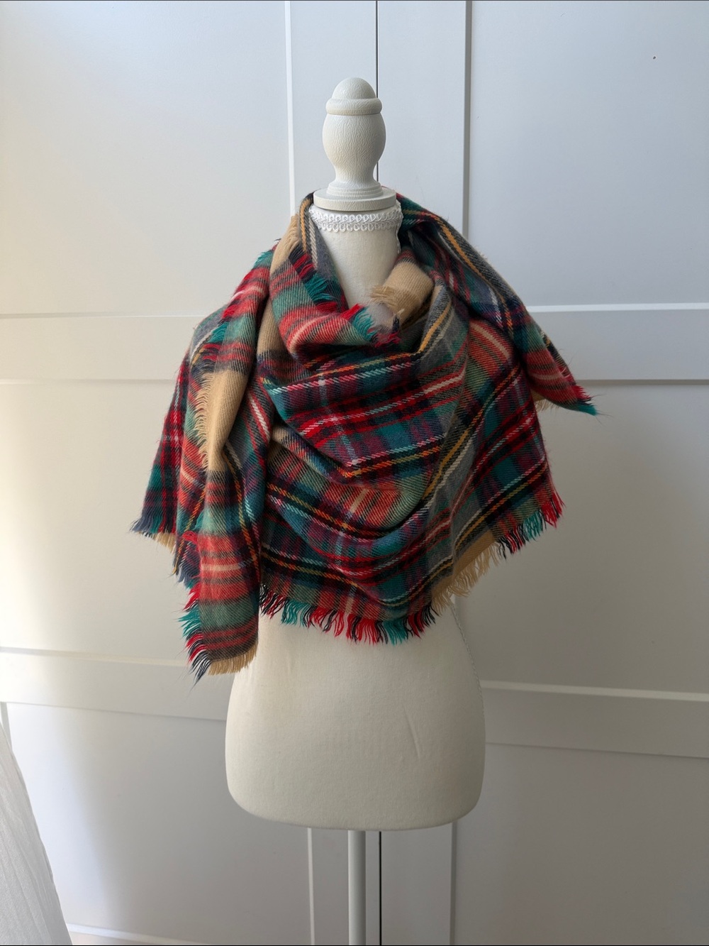Cozy Plaid Blanket Scarf in Red, Green & Tan